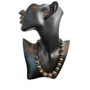 Vintage Round Black Beaded Gold Leaf Capped Fashion Necklace